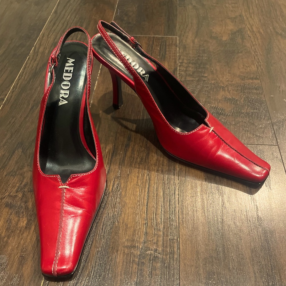Red sling back heels